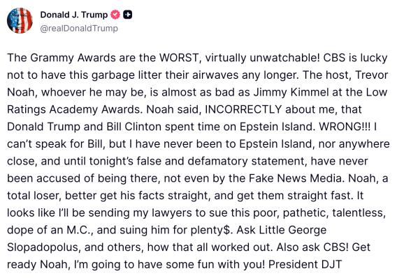 “Poor, pathetic, talentless, dope”: Trump threatens to sue Trevor Noah over Grammys joke about Epstein