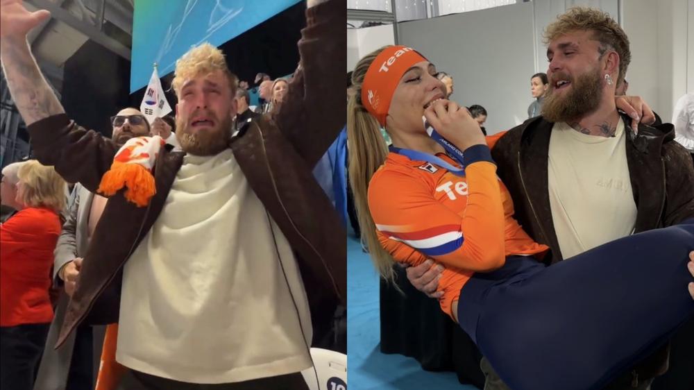Jake Paul breaks down in tears watching fiancée win Olympic Gold & break speed skating record