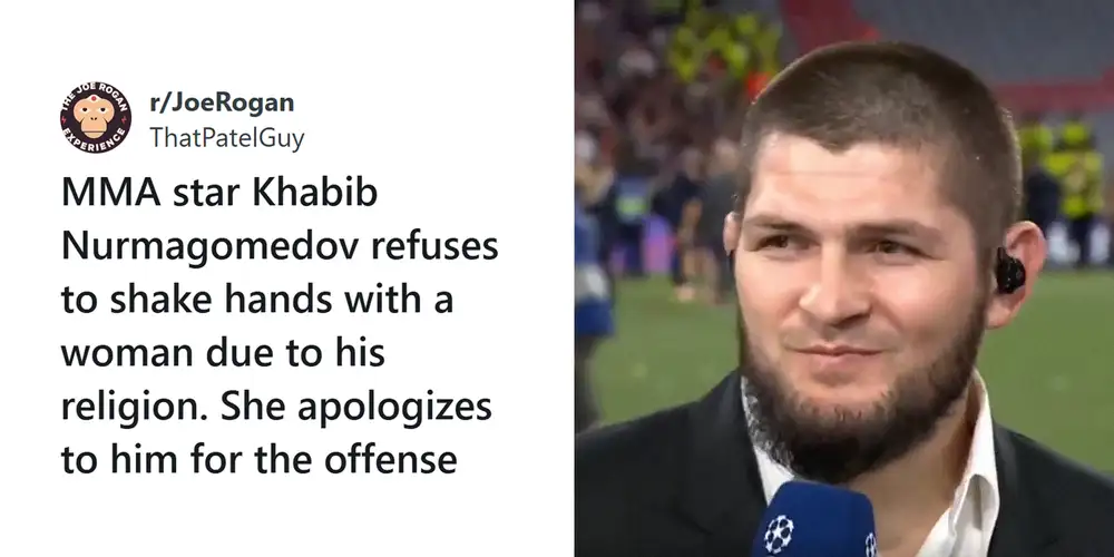 People are debating after video of UFC Fighter Khabib Nurmagomedov refusing to shake female broadcasters hand goes viral