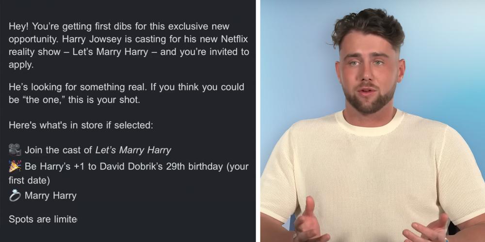 “This is my nightmare”: Woman receives casting call for Harry Jowsey dating show, whose prize includes attending David Dobrik’s wedding
