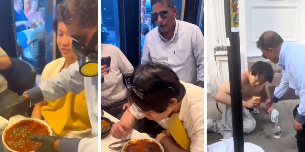 Man collapses, ends up shirtless on the ground after one bite of the 72-chili “Hottest Curry Challenge”