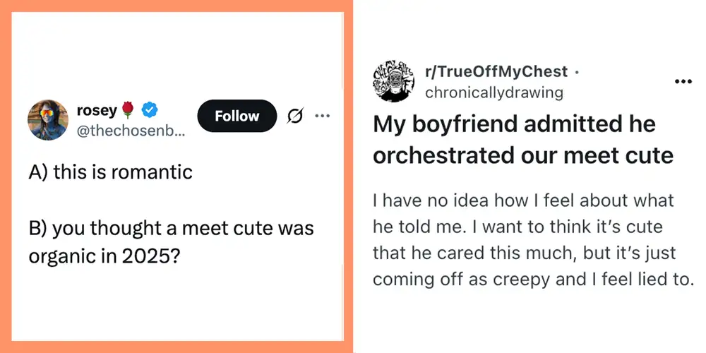 Woman learns her boyfriend staged their “meet-cute,” and people can’t agree if it’s cute or creepy