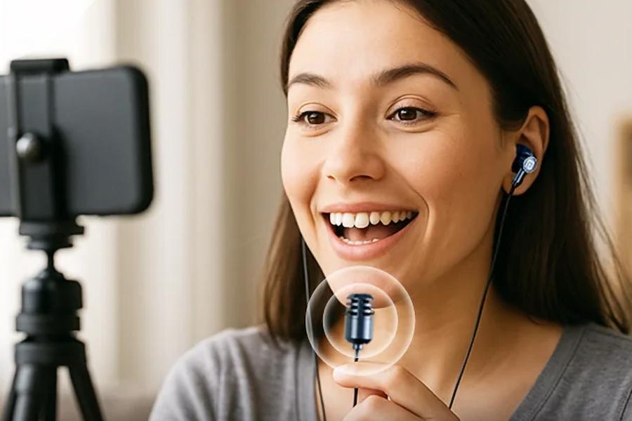 These earbuds include a tiny wired microphone you can hold