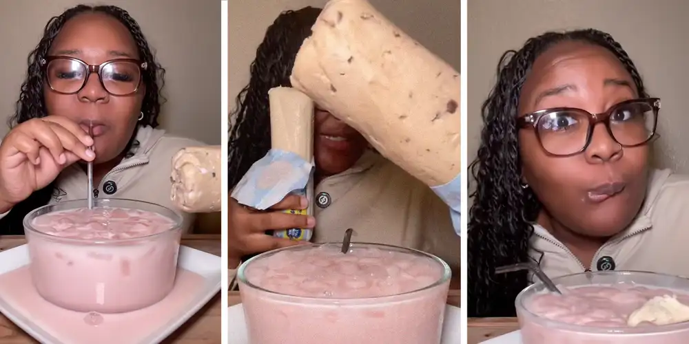 “The spirit of gluttony”: Woman dips raw cookie dough in strawberry milk and the internet begs her to stop