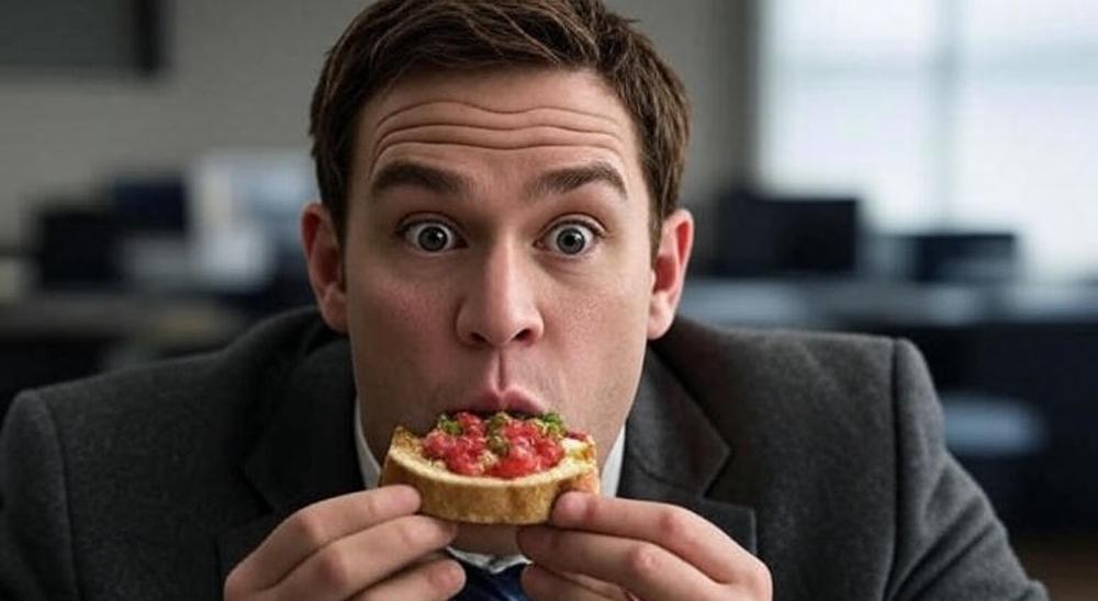 Uomo riesce a mangiare una bruschetta senza far cadere neanche un pomodoro