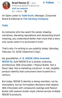 “Reese’s identity is being rewritten:” Grandson of Reese’s Peanut Butter Cups inventor slams Hershey for making the candy “inedible”