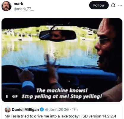 Tesla in “full self-driving” mode tries to drive former SpaceX engineer into a lake