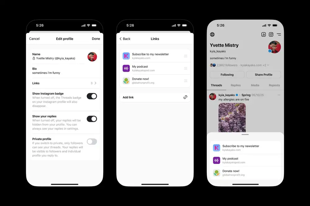 Threads follows Instagram with more links in bio
