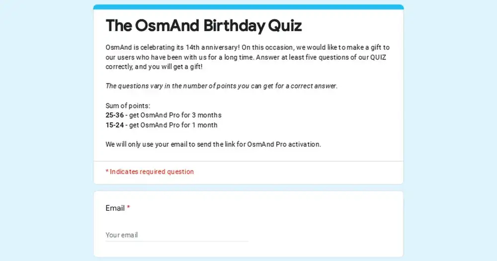 Il quiz per il compleanno di OsmAnd