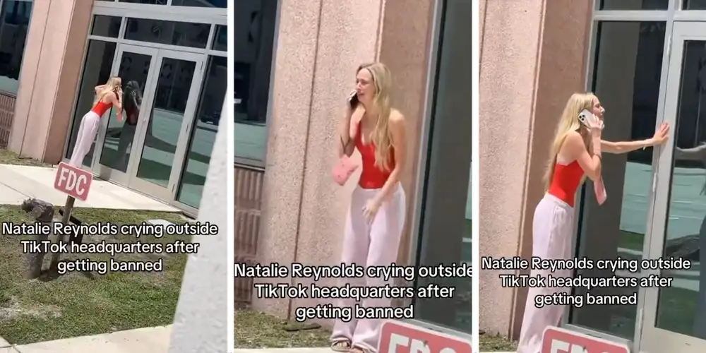 Influencer Natalie Reynolds sobs outside TikTok HQ after account ban