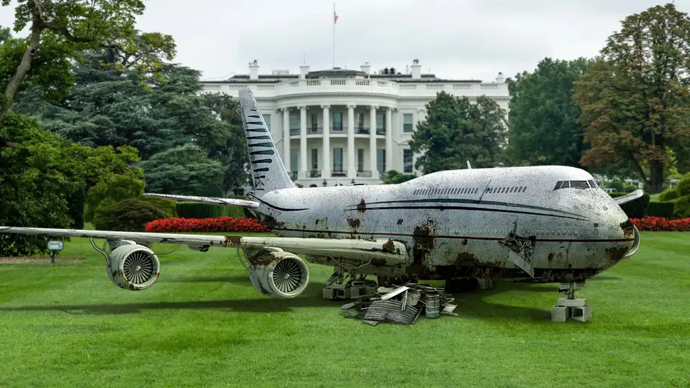 Rusted Qatari Plane Sitting On Blocks On White House Lawn