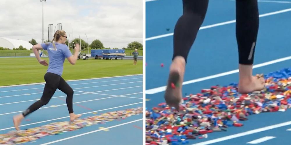 Mom breaks Guinness World Record sprinting across Legos barefoot—and everyone’s making the same joke