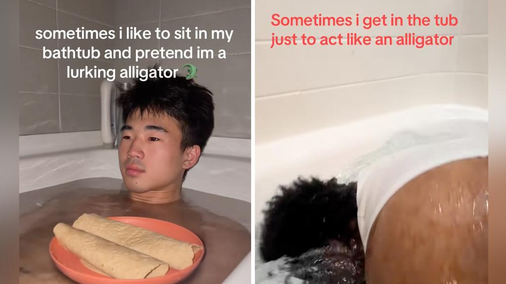 Men are pretending to be “lurking alligators” in the bathtub, and it’s somehow going viral
