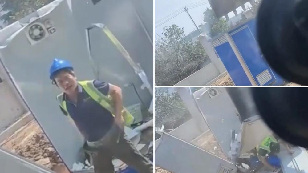Construction prank goes viral as excavator destroys porta-potty with man inside