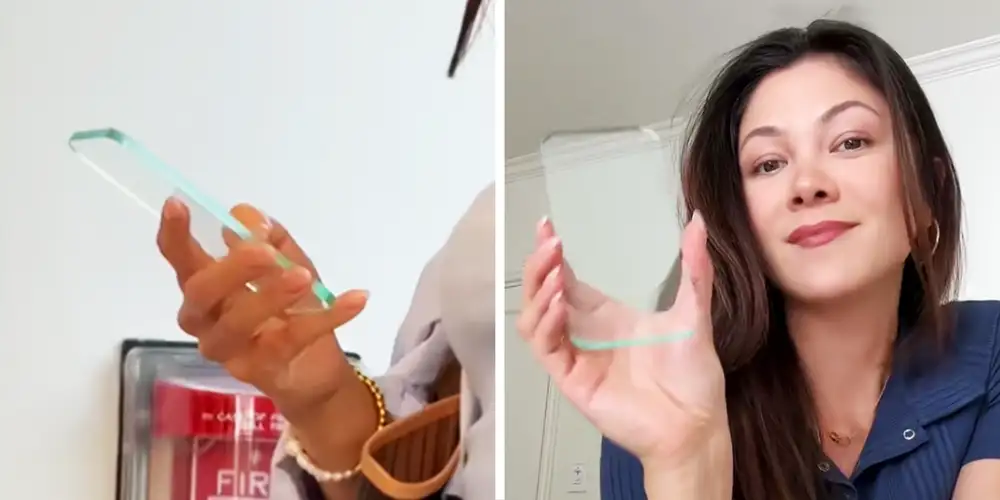 Woman spotted using transparent phone. What is it?