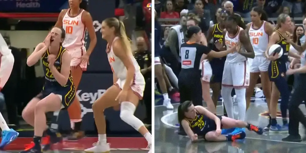 Connecticut Sun’s Marina Mabrey pushes Indiana Fever’s Caitlin Clark to the ground at heated WNBA match up. Tensions rise with 3 players ejected