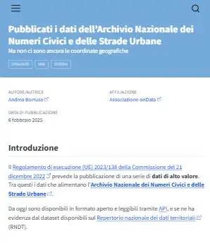 Pubblicati i dati dell’Archivio Nazionale dei Numeri Civici e delle Strade Urbane
