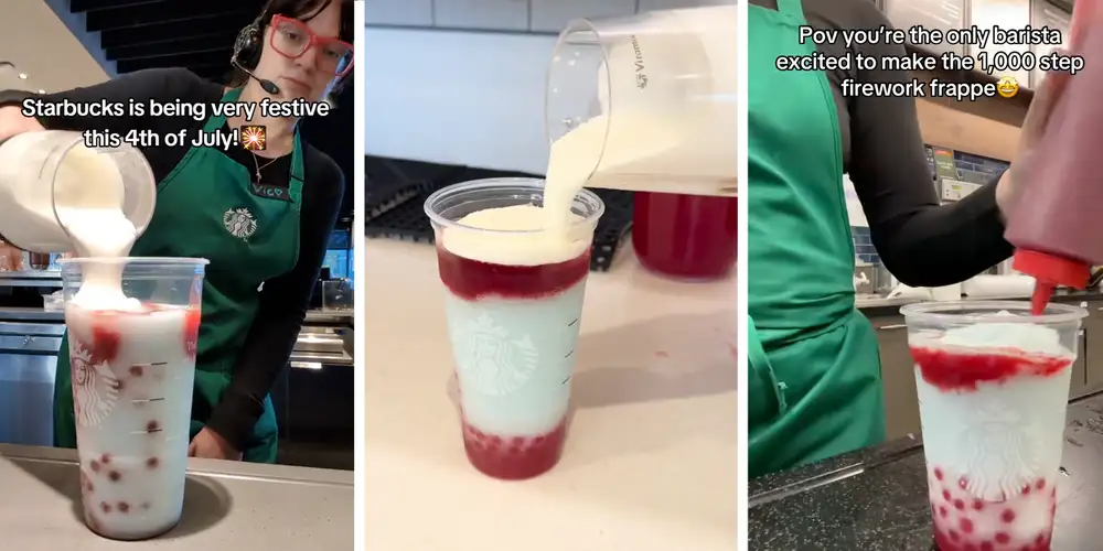 Starbucks baristas hype launch of the new Fireworks Frappuccino for July 4th, but customers aren’t sure: “But, like, what’s in it?”